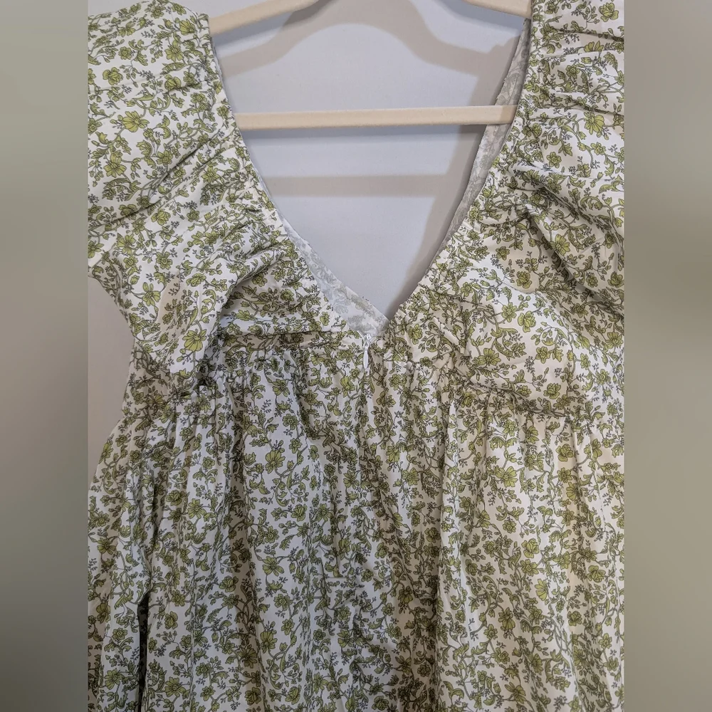 Green Floral Patterned Mini V Neck Puff Sleeve Babydoll Dress L - Picture 5 of 15